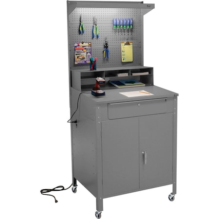 Global Industrial Mobile Cabinet Shop Desk w/ Pegboard & Top Shelf, 34-1/2inW x 30inD, Gray 249509CGY